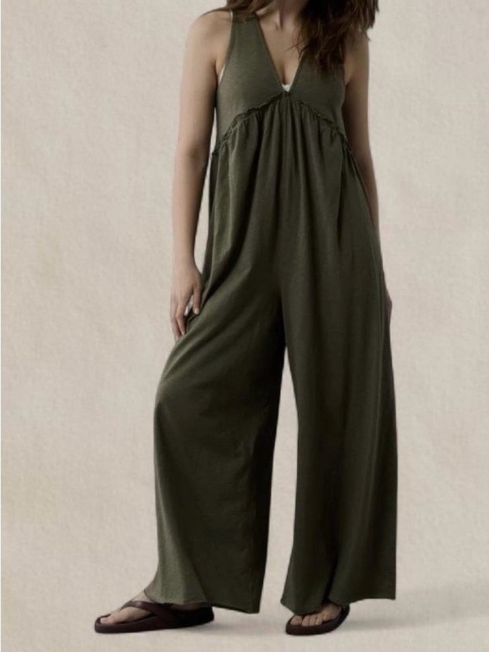 American Eagle Outfitters Olive Green Sleeveless Wide-Leg Jumpsuit